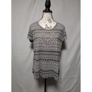 Bongo Gray Geometric Neon Stud Embellished Short Sleeve Hi-Low Top Juniors Large